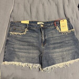 Arula High Rise Jean Shorts with Rhinestone pockets and Frayed Hem